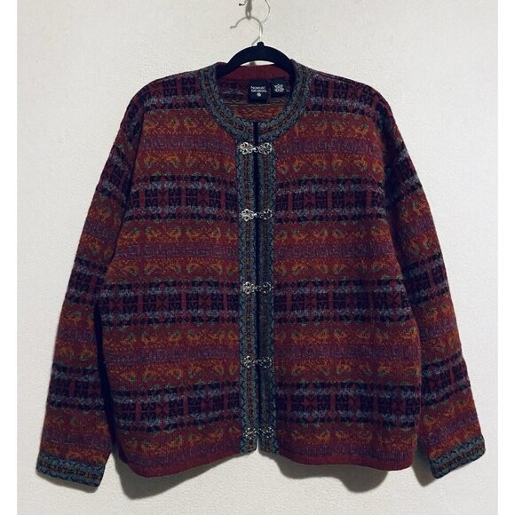 Nordic Designs Sweater Womens Large Red Fair Isle Cardigan Wool Pewter Clasp - Picture 1 of 7